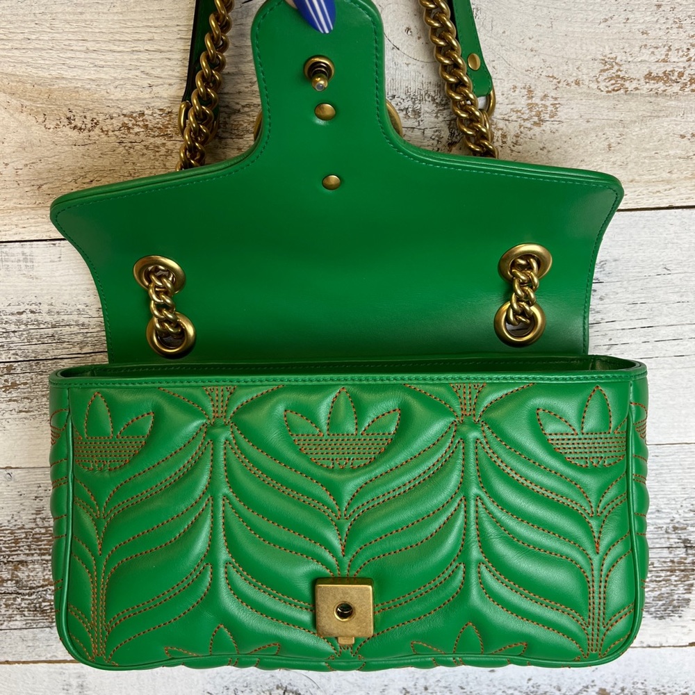 GUCCI x Adidas Green Marmont Purse Bag 443497 Leather Logo Gold Chain GG RARE - Picture 9 of 16